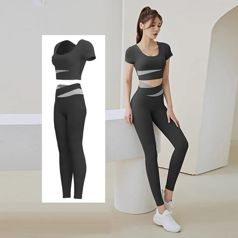 Women 2 Pcs Gym Set Sports Crop Top Bra Running Fitness Yoga Suit Sport Outfit Gymwear Lady Workout Clothes High Waist Leggings black