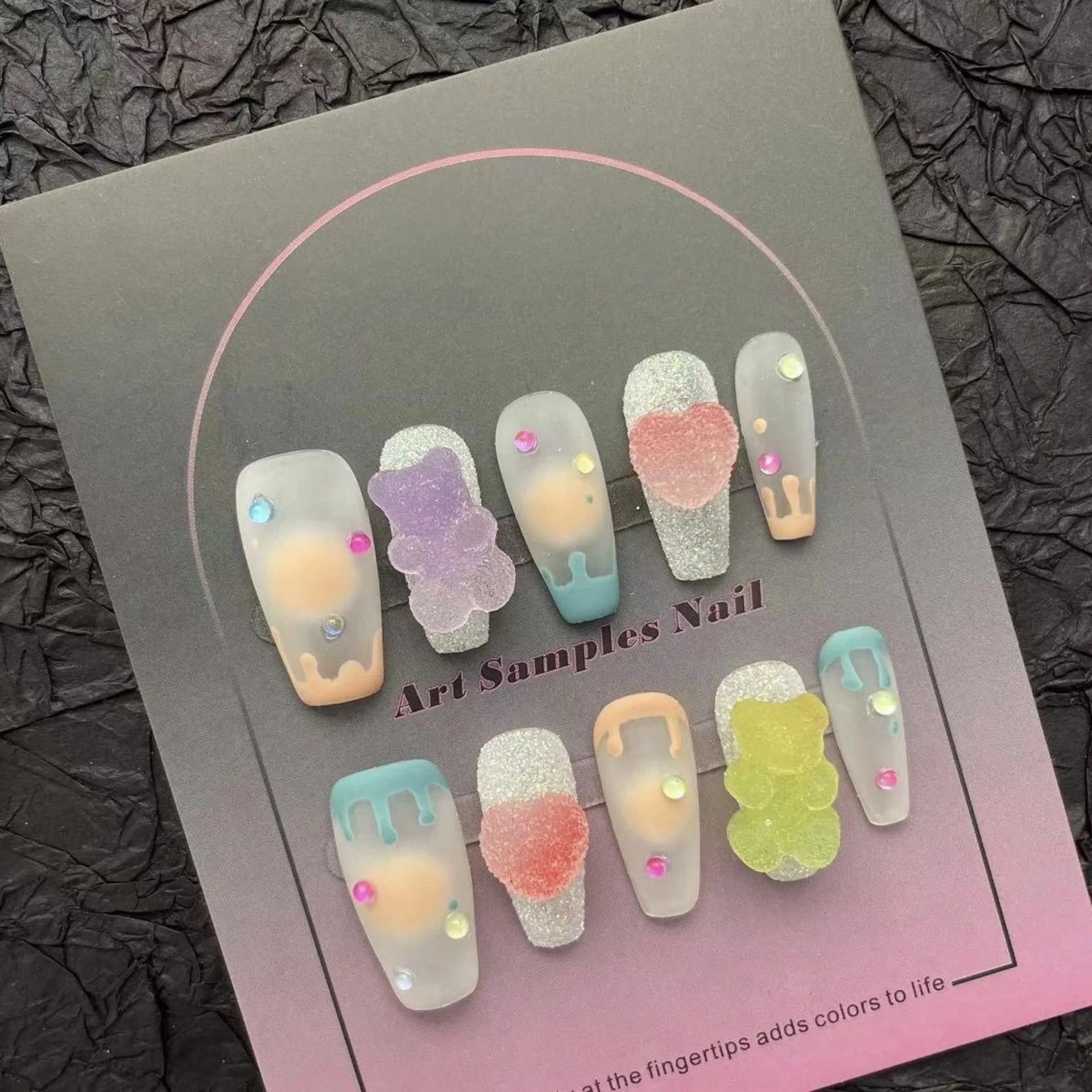 10pcs Mid-length Ballet Handmade Fake Nails Tip Cute Cartoon Candy Design Coffin False Nail Art Reusable Colorful Press on Nails