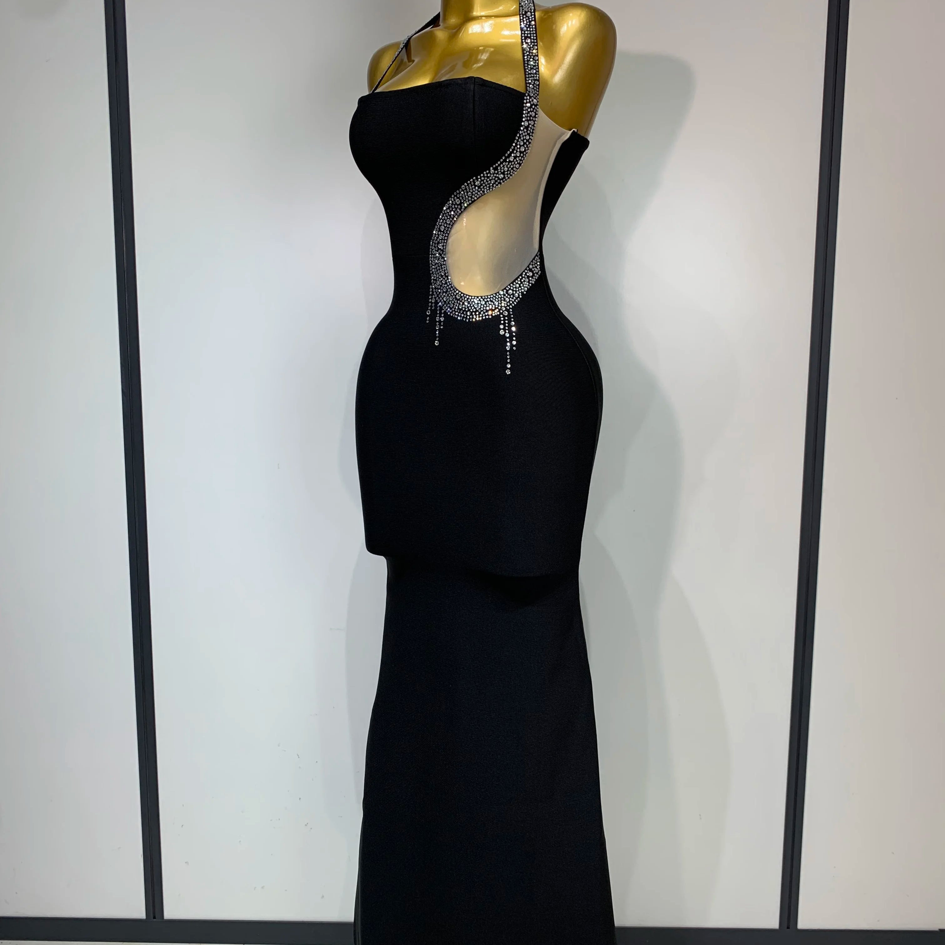 Women Sexy Rhinestone Halter Long Bandage Bodycon Dress 2025 Celebrity Elegant Evening Party Luxury Birthday Wedding Dresses