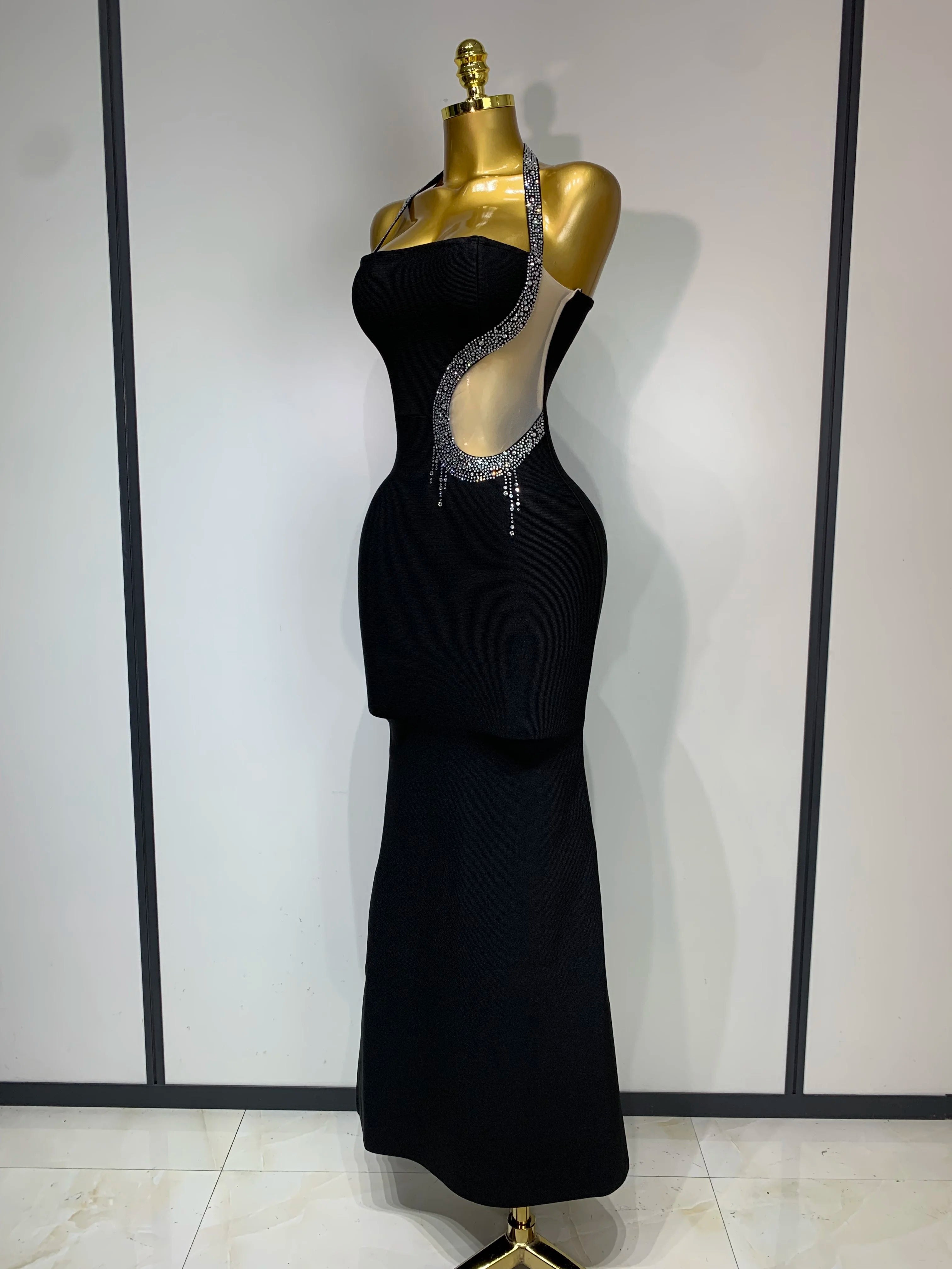 Vestido longo bandagem colado com strass sexy feminino 2025, elegante, festa noturna, luxo, aniversário, casamento