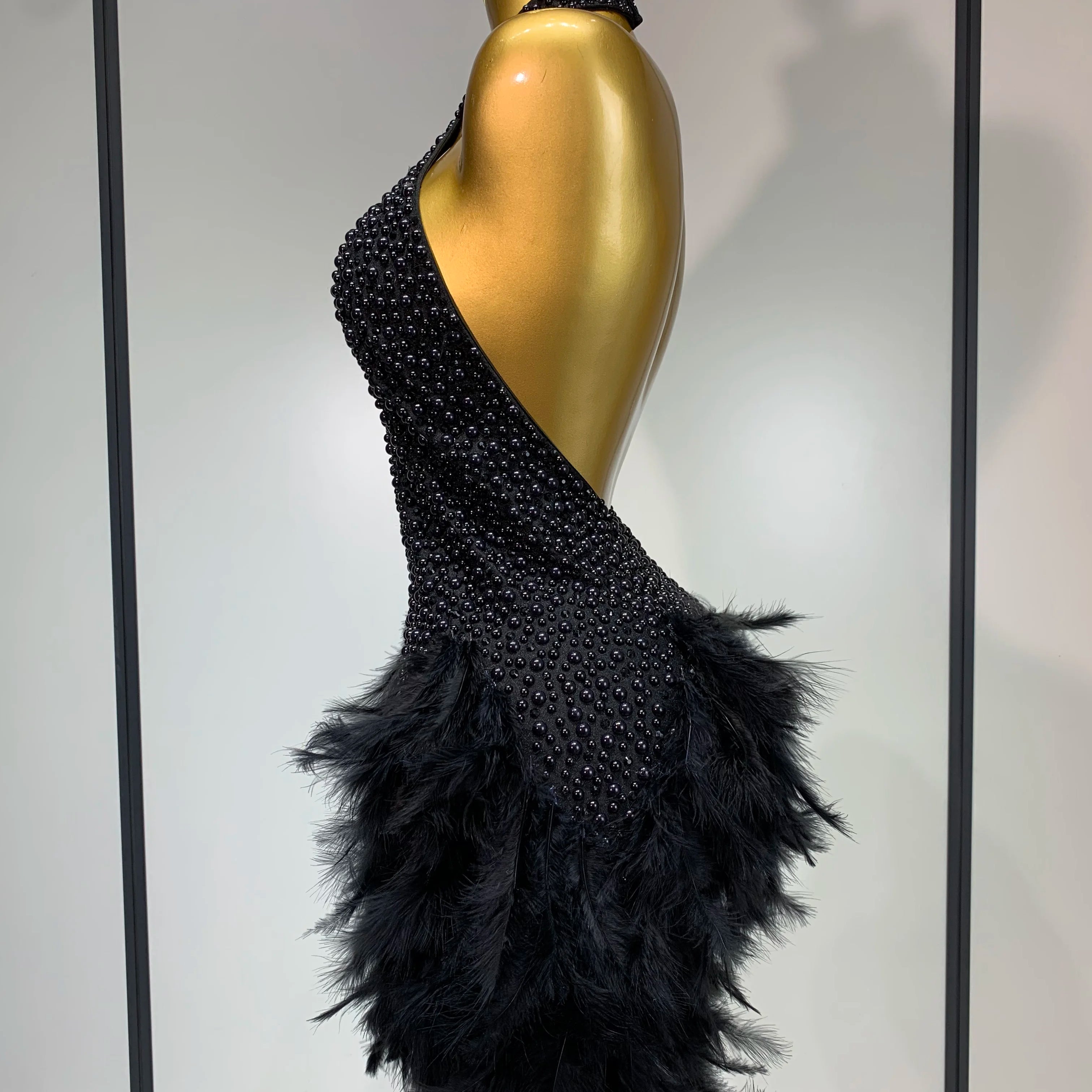 Sexy Backless Feathers Performance Costume Stage Dancer Black Mini Stretchy Nightclub Luxury Birthday Evening Party Dresses