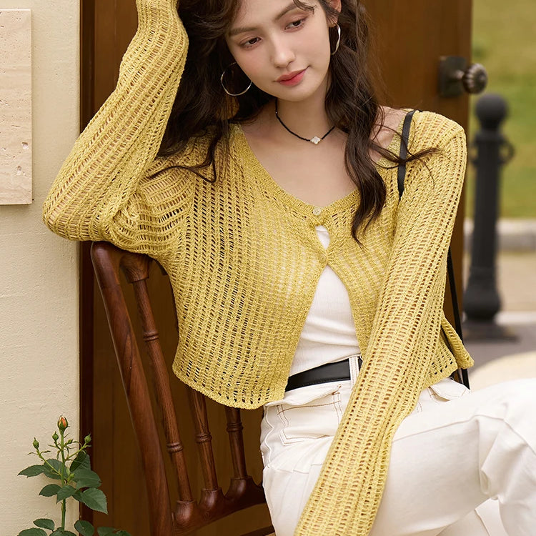 Hollow Out Knitted Cardigan Vest Two-piece Set for Women Summer Korean Sunscreen Single Breasted Sets