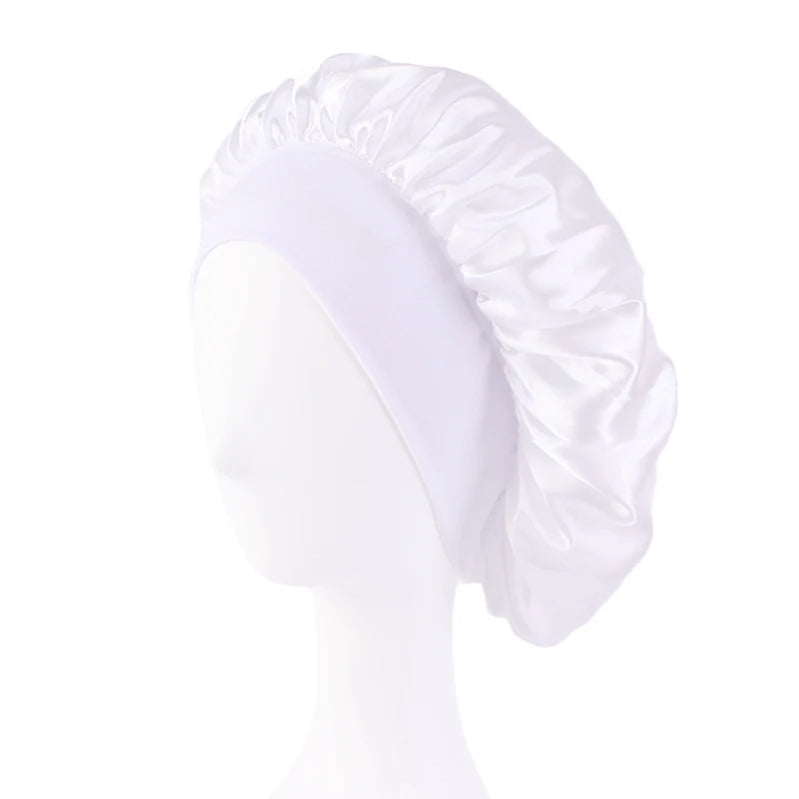 Women's Satin Solid Wide-brimmed Sleeping Hat Unisex Head Wrap Elastic Band Cap Hair Care Bonnet Night Hat bonnet de nuit WHITE