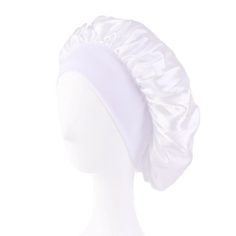 Women's Satin Solid Wide-brimmed Sleeping Hat Unisex Head Wrap Elastic Band Cap Hair Care Bonnet Night Hat bonnet de nuit WHITE