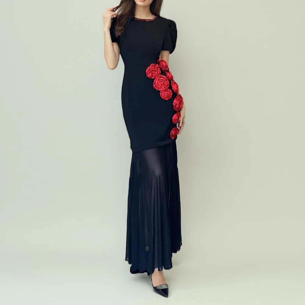 TWOTWINSTYLE Hit Color Slimming Spliced 3D Flower Elegant Dresses for Women Round Neck Short Sleeves Dress Femlae Clothing New