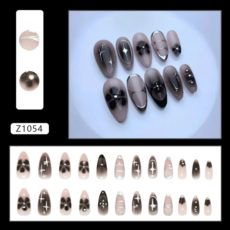 24pcs French Almond Press on Nails Retro Green Cat Eye Fake Nail Tips Detachable Wearable Sweet Cool Spice Girl False Nails