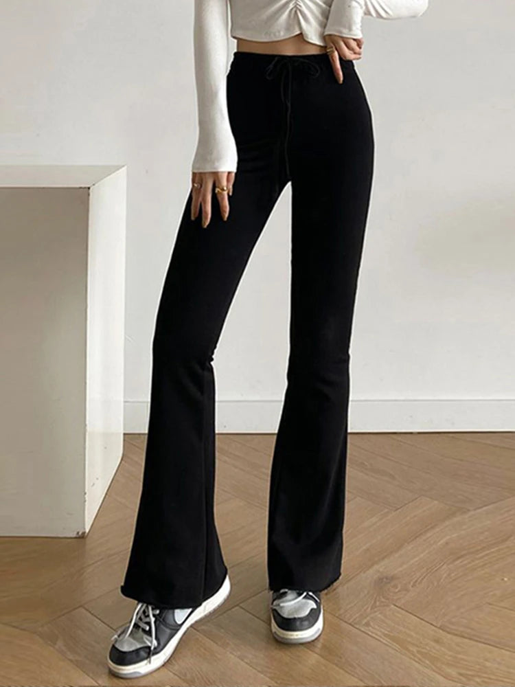 Women Leggings Gray Tie Up Elastic Sweatpants Flared Legging High Waist Pants Slim Casual Sports Black Pants Knitted Trousers