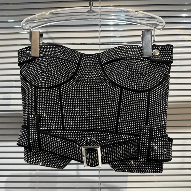 Summer Female Shiny Rhinestone Splice Sexy Strapless Women's High Waist Belt Designer Mini Short Skirts