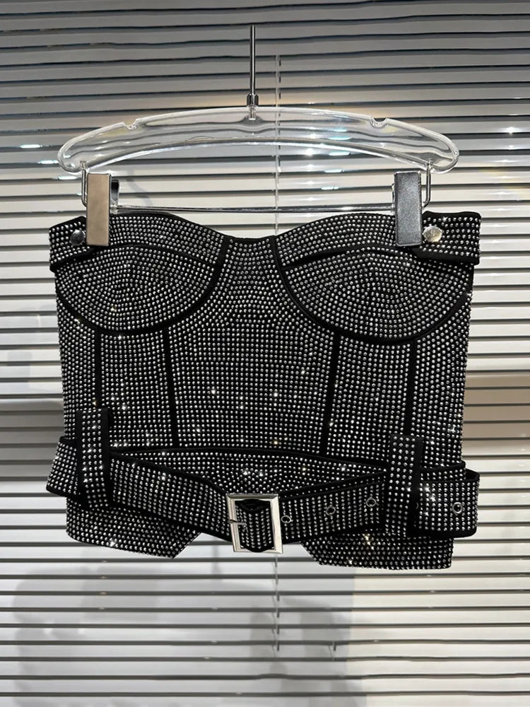 Summer Female Shiny Rhinestone Splice Sexy Strapless Women's High Waist Belt Designer Mini Short Skirts