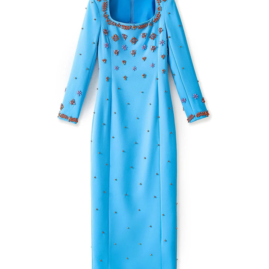 TWOTWINSTYLE Solid Slimming Spliced Bead Luxurious Dresses for Women Square Neck Long Sleeves Temperament Dress Female Clothing