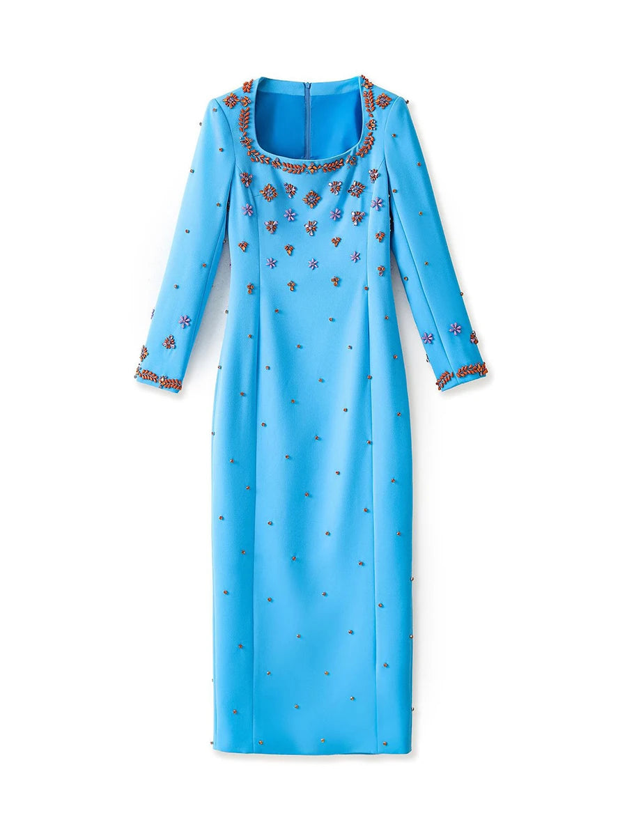 TWOTWINSTYLE Solid Slimming Spliced Bead Luxurious Dresses for Women Square Neck Long Sleeves Temperament Dress Female Clothing