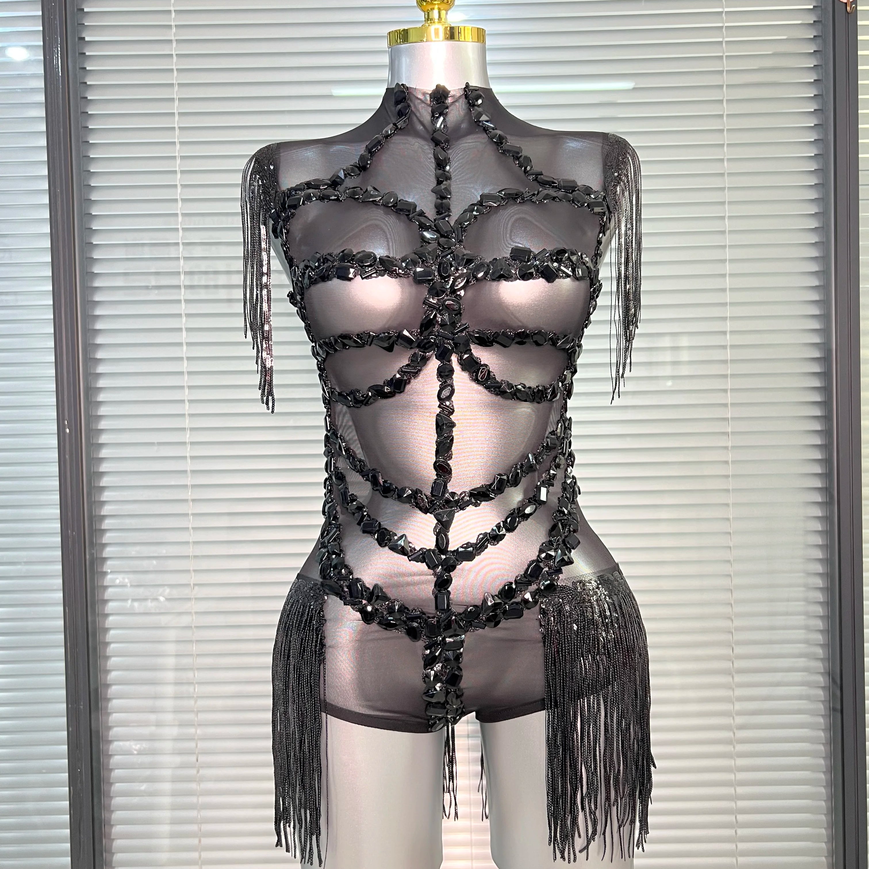 Summer New Women Sexy Black Tassel Crystal Diamonds Stretchy Night Club See Through Singer Dancer Stage Costume Party Bodysuit