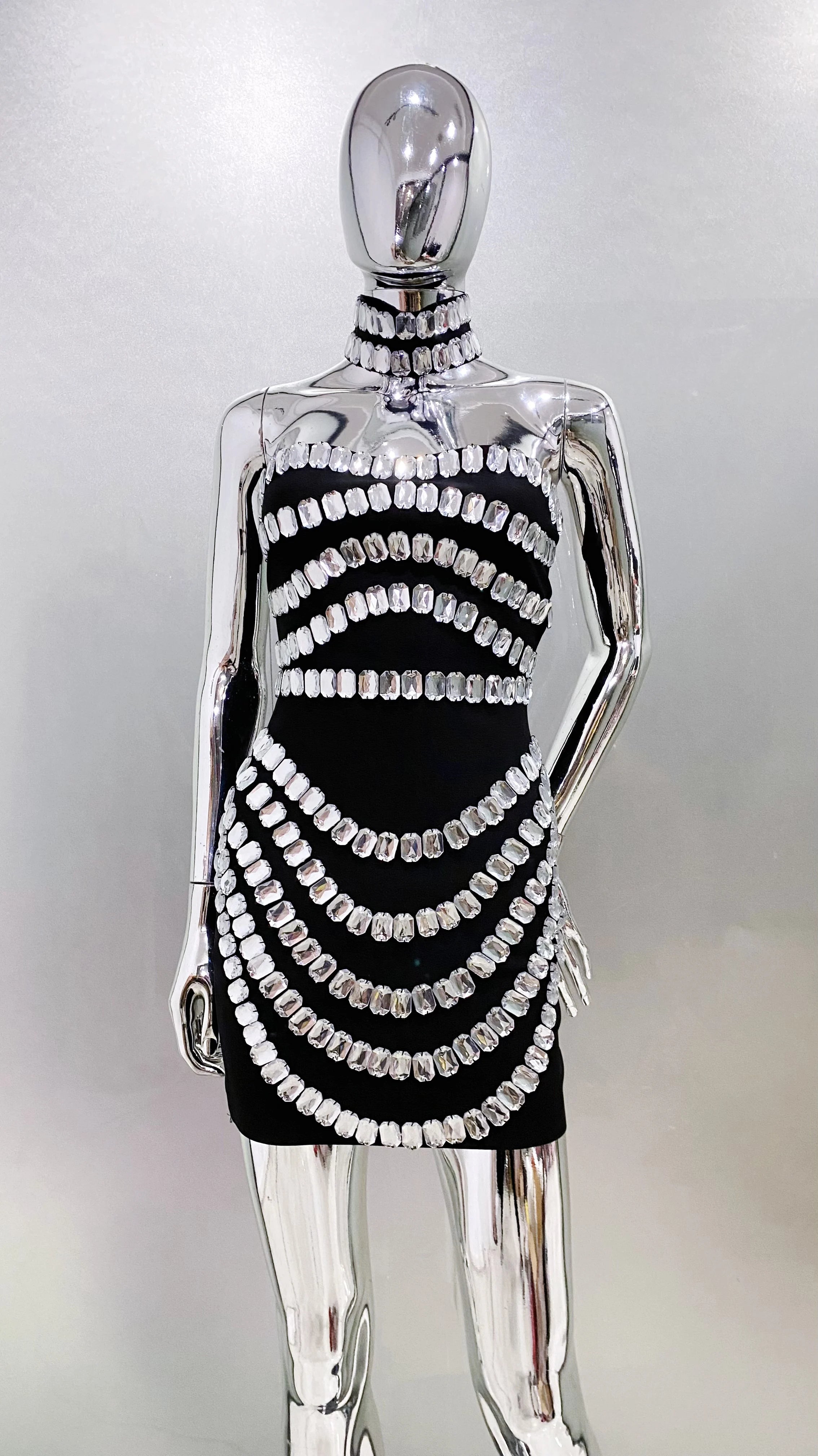 2025 Stylish Necklace Shining Diamonds Strapless Black Bandage Mini Dress Fashion Woman Party Vestido Celebrity Birthday Outfit