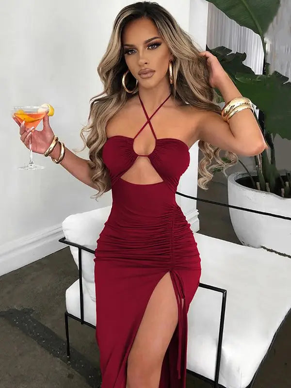 Summer Sexy Halter Backless Sleeveless Cut Out Maxi Dress for Women Ruched Elegant Club Party Slit Dresses Bandage Vestido 2023 burgundy