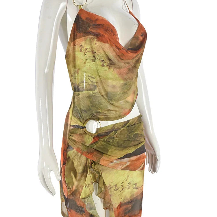 Kricesseen Tropical Halter Neck Mesh Print Ruffles Mini Dress Women Summer Backless O-Rings Cut-Out Night Dress Vacation Outfit