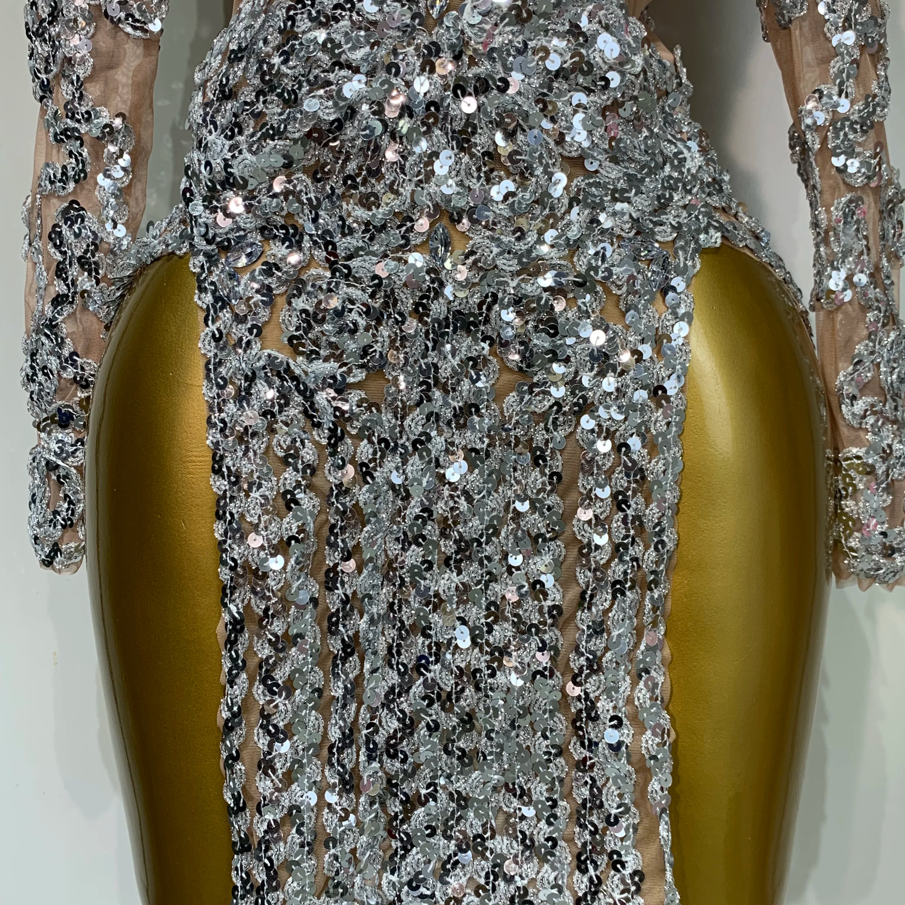 Sparkly Silver Gold Sequins Short Dress Sexy High Slit Women Nightclub Evening Party Dress Birthday Singer Stage Show Outfit