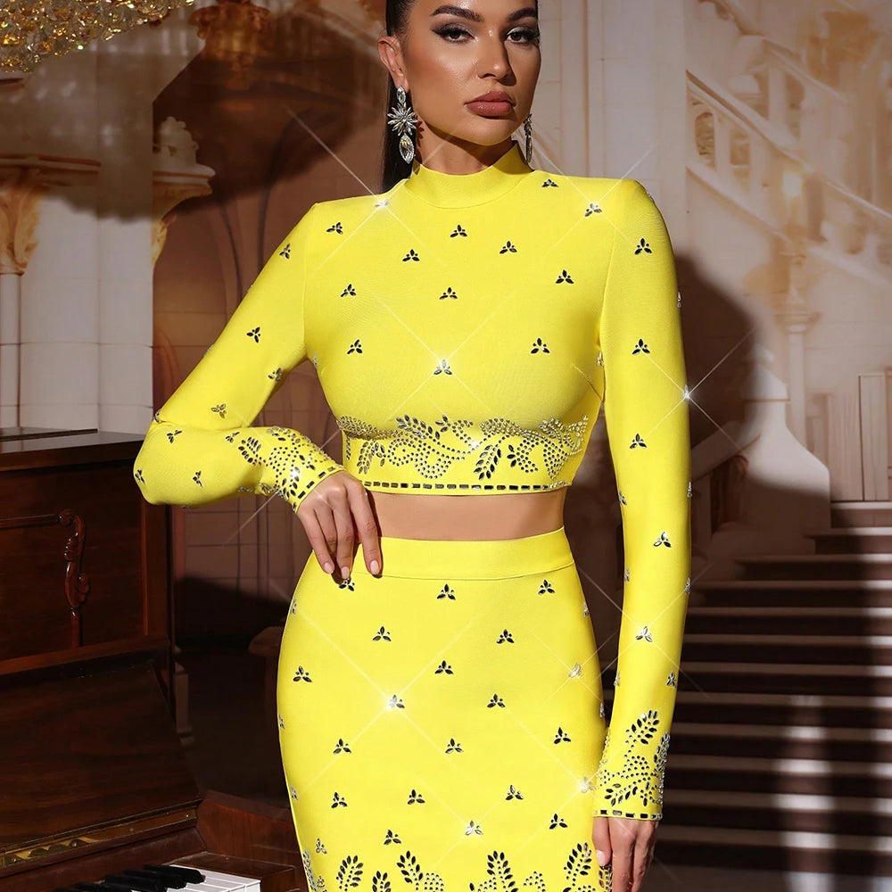 Modphy Black Yellow Rhinestone Bandage Two-Piece Set Women Long Sleeve Sexy Short Tops Bodycon Skirt Mini Sets Fashion Outfit