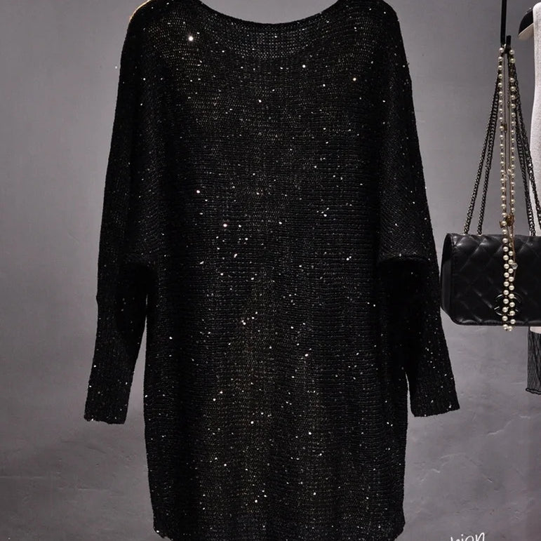 The European Fashion Women Long Breeze Light Film Loose Sweater Knit Knitted Sequined Patchwork Sweaters for Women