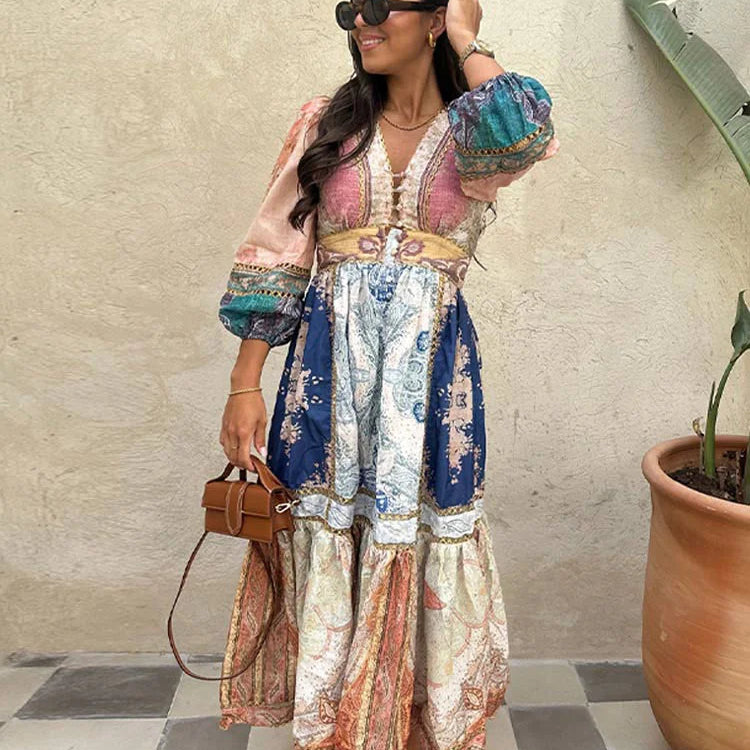 Vintage Women's Patchwork Printed Hollow Out Maxi Dress Fashion V Neck Long Sleeved Loose Dresses New Spring Female Street Robes