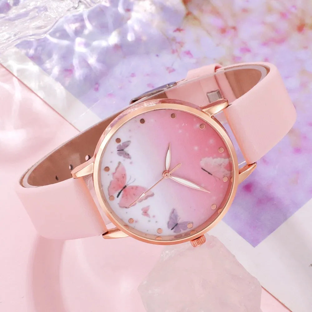 6PCS Set Women Fashion Quartz Watch Female Clock Pink Butterfly Dial Luxury Brand Design Ladies Leather Wrist Watch Montre Femme