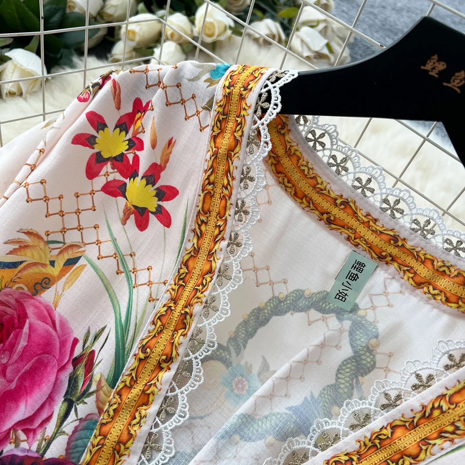 Elegant Floral Long Maxi Dresses Shirt Women Lantern Full Sleeve National Trench Print Single Breasted Lace Neck Party Vestidos