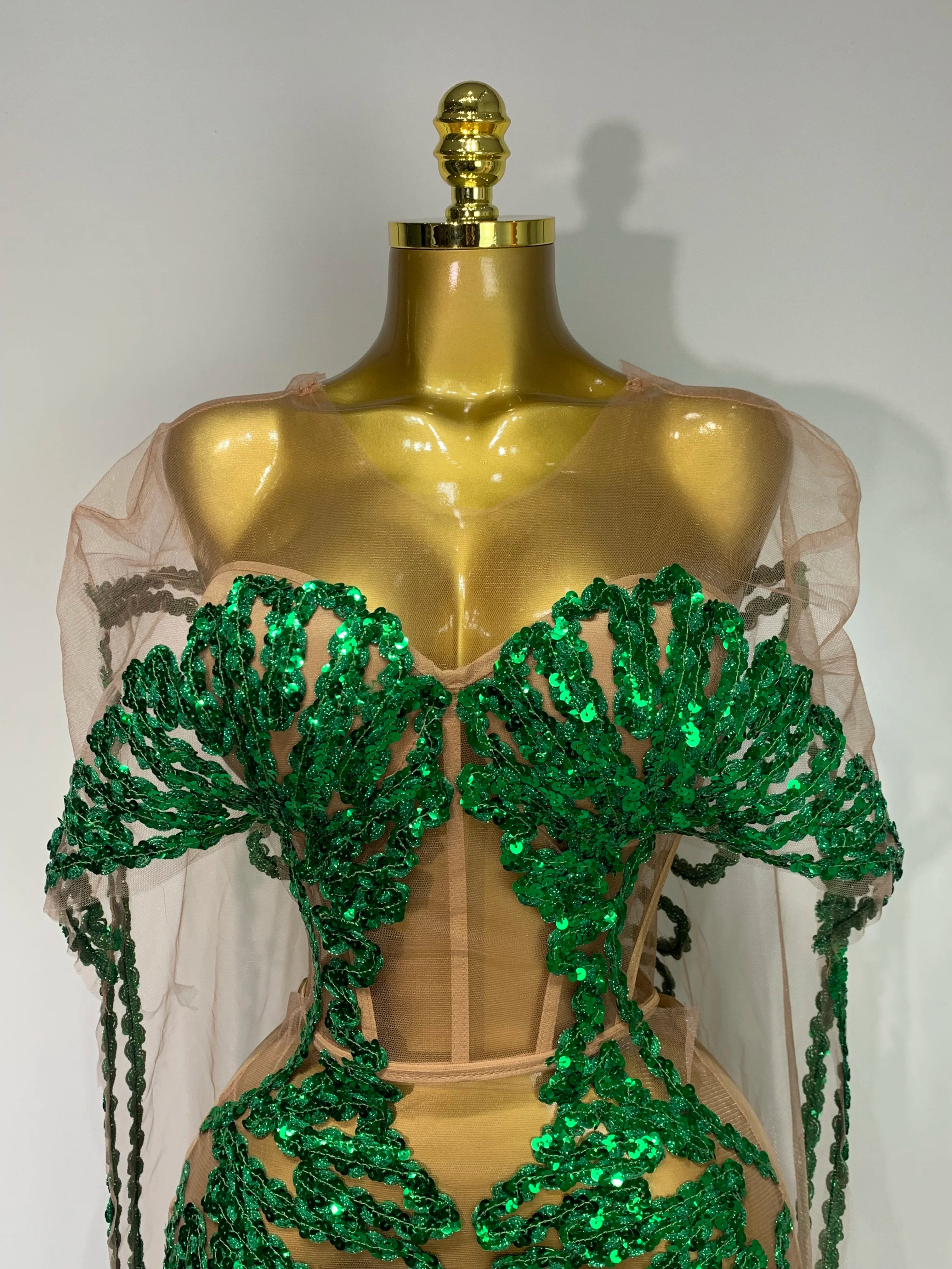 Sexy Mesh See Through Long Dress Sparkly Green Sequins Night Club Party Dress Cloak Birthday Celebrate Drag Queen Stage Costumes