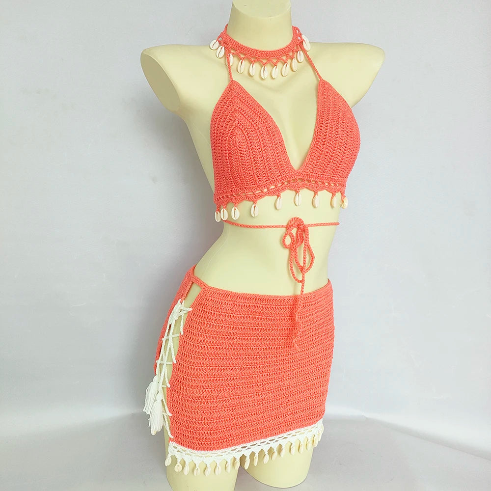 3pcs Bikini Set Woman Crochet Shell Tassel Bikini Top And Seashell Ankle Chain Sexy Beach Skirt Lace See Through Slim Mini Skirt NO.9 oranger