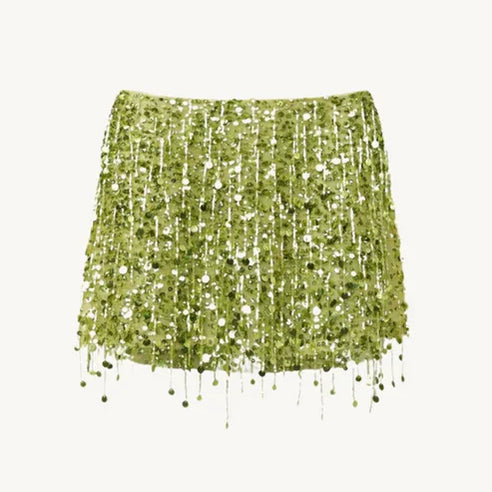 Y2K Tassel Sequin Mini Skirt Sets Women Crop Backless Sling Vest Short Hip Package A-line Skirts 2025 Summer Party Club Outfits