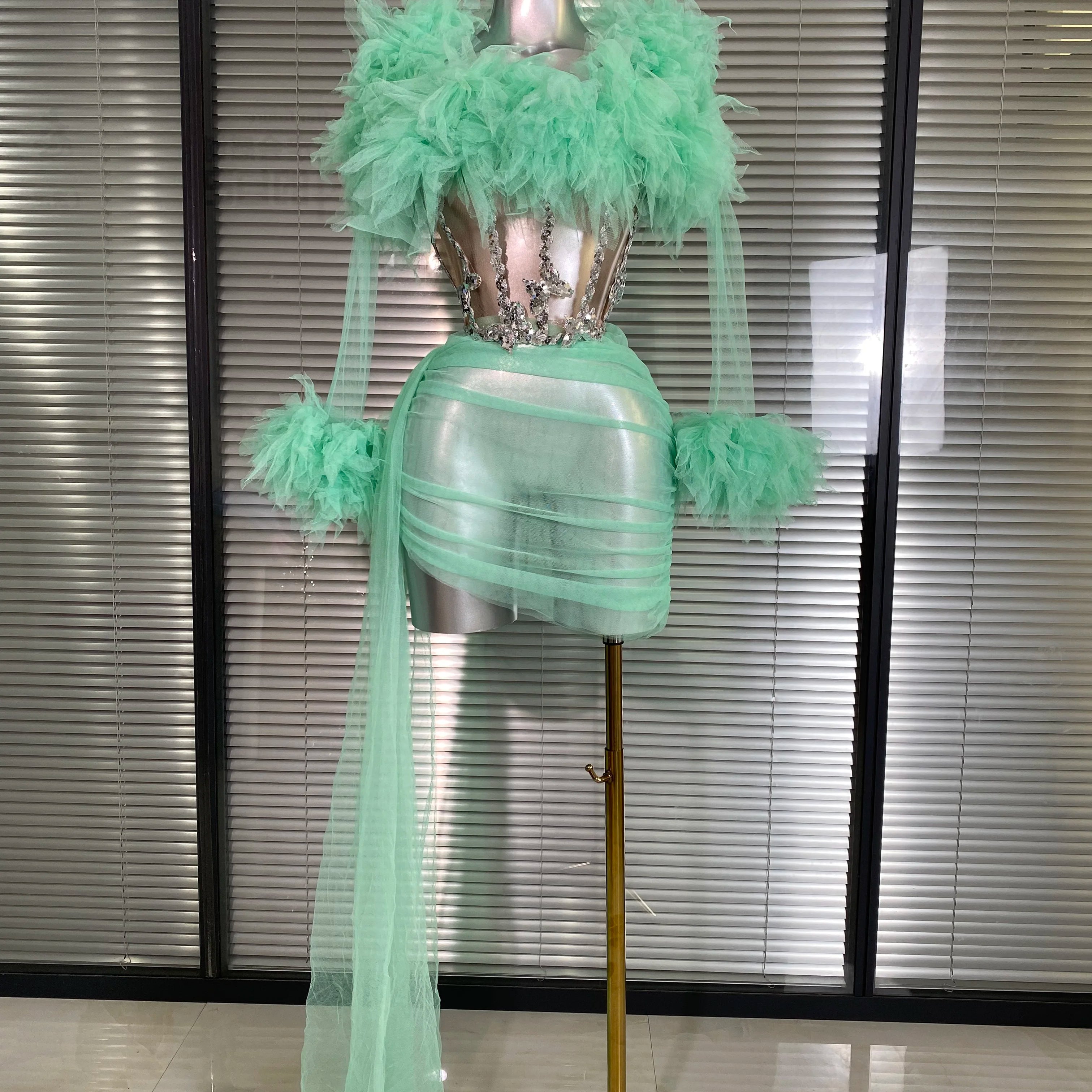 Summer New 2025 Sexy Two Pieces Set Women Celebrity Laced Mint Mesh Night Club Skirt Suits Stage Performance Costume