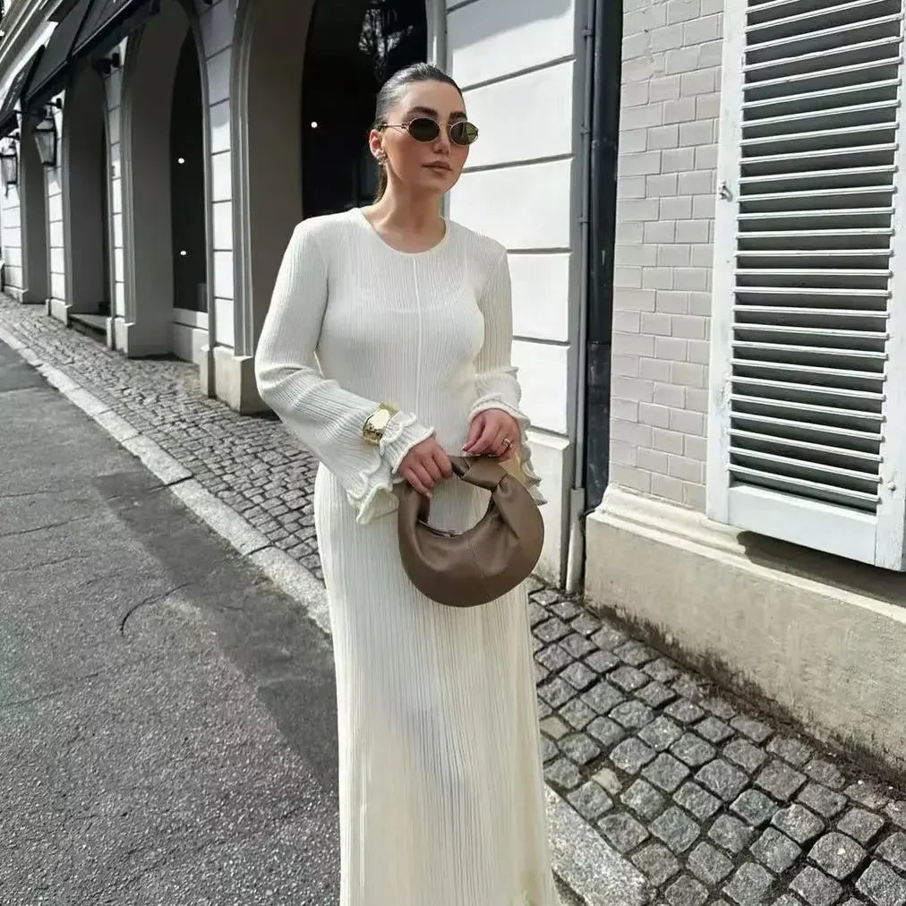 Autumn New Ladies Elegant Flared Sleeve Knitted Dress Women Fashion Crew Neck White Slim Robes Summer Female Party Dresses White