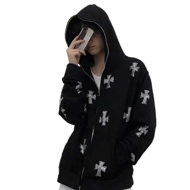 Women Full Zip Hoodies Long Sleeve Rhinestone Cross Pattern Loose Sweatshirts