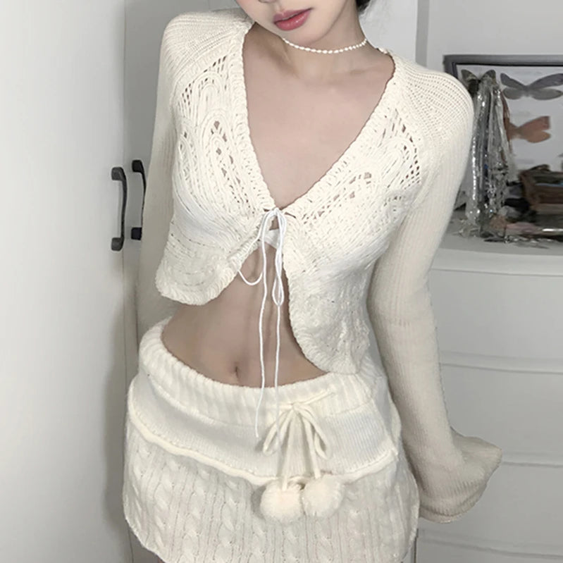 White Butterfly Shaped Sweater Cardigan Sexy Split Lace-up Knitwears Solid Elegant Autumn Clothing y2k Aesthetic Outfits