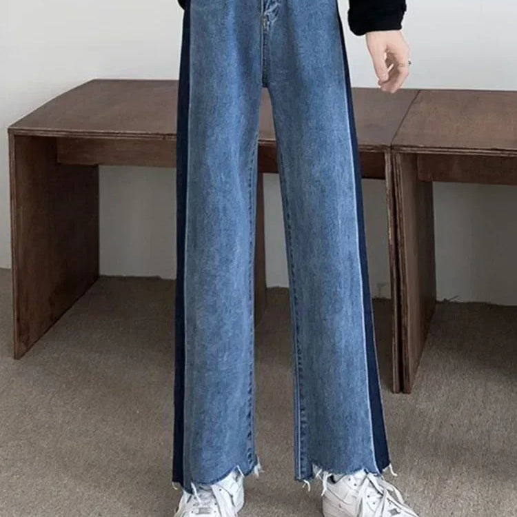 Korean Ankle Length New Hight Waist Side Stripe Straight Jeans Woman Baggy Big Size 5xl Wide Leg Denim Pants Spring Blue