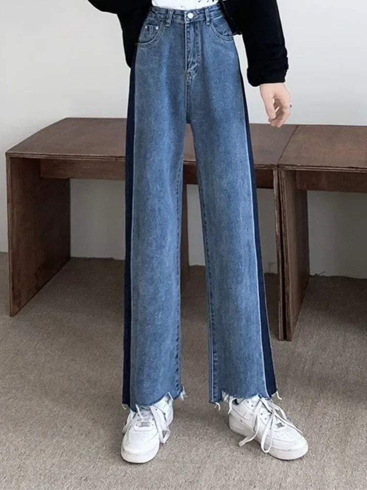Korean Ankle Length New Hight Waist Side Stripe Straight Jeans Woman Baggy Big Size 5xl Wide Leg Denim Pants Spring Blue