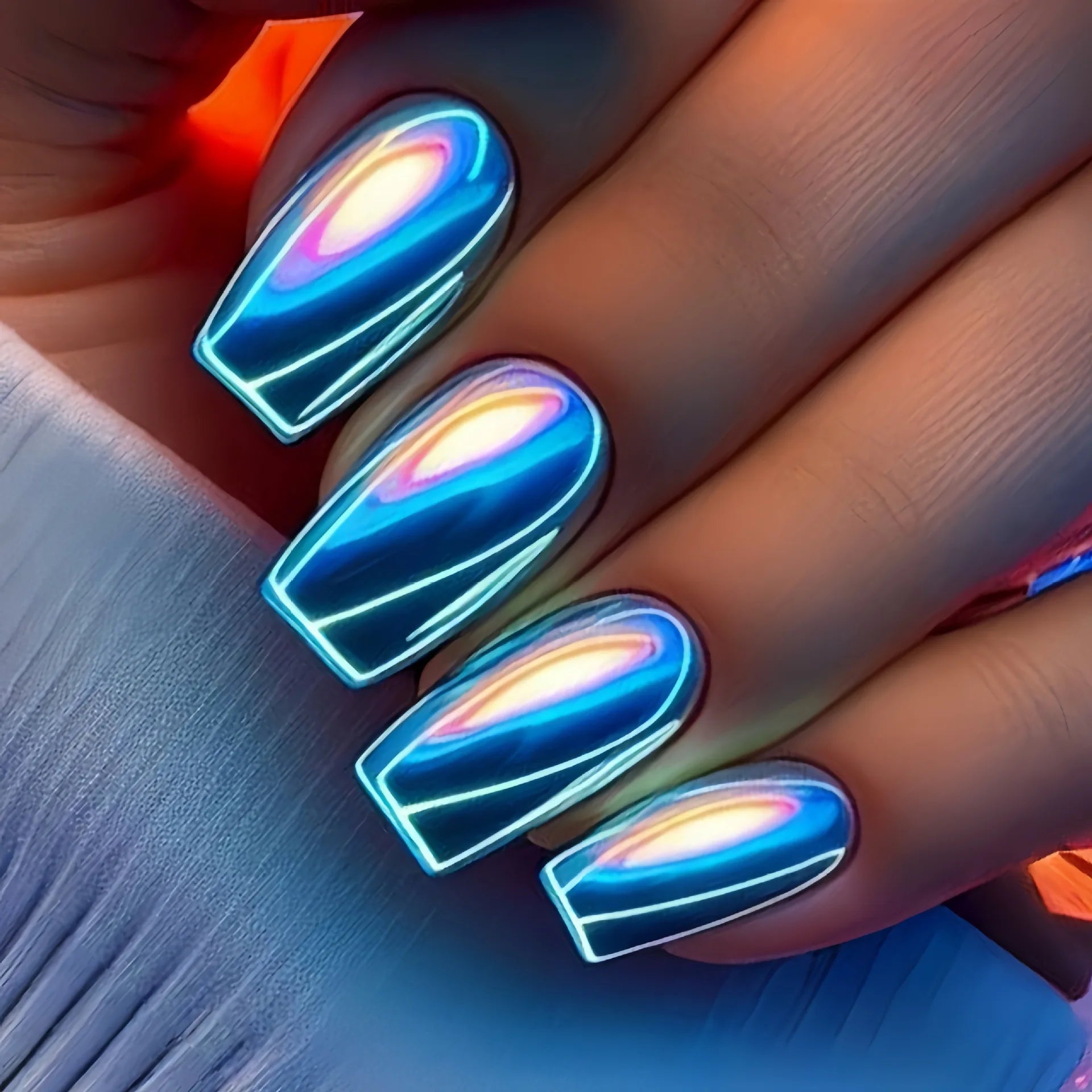 24pcs/set Medium long fake nail tips for women colorful gradient glitter starry design for Spring Summer press on false nail art