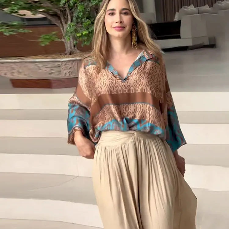 Women Loose High Waist Pant Print V Neck Long Sleeves Top 2 Pieces Sets Spring Summer Casual Street Female Outfits NEW