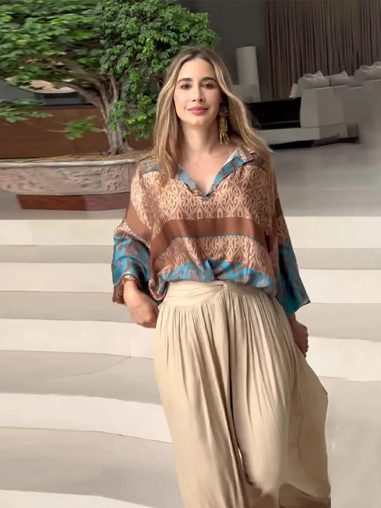 Women Loose High Waist Pant Print V Neck Long Sleeves Top 2 Pieces Sets Spring Summer Casual Street Female Outfits NEW