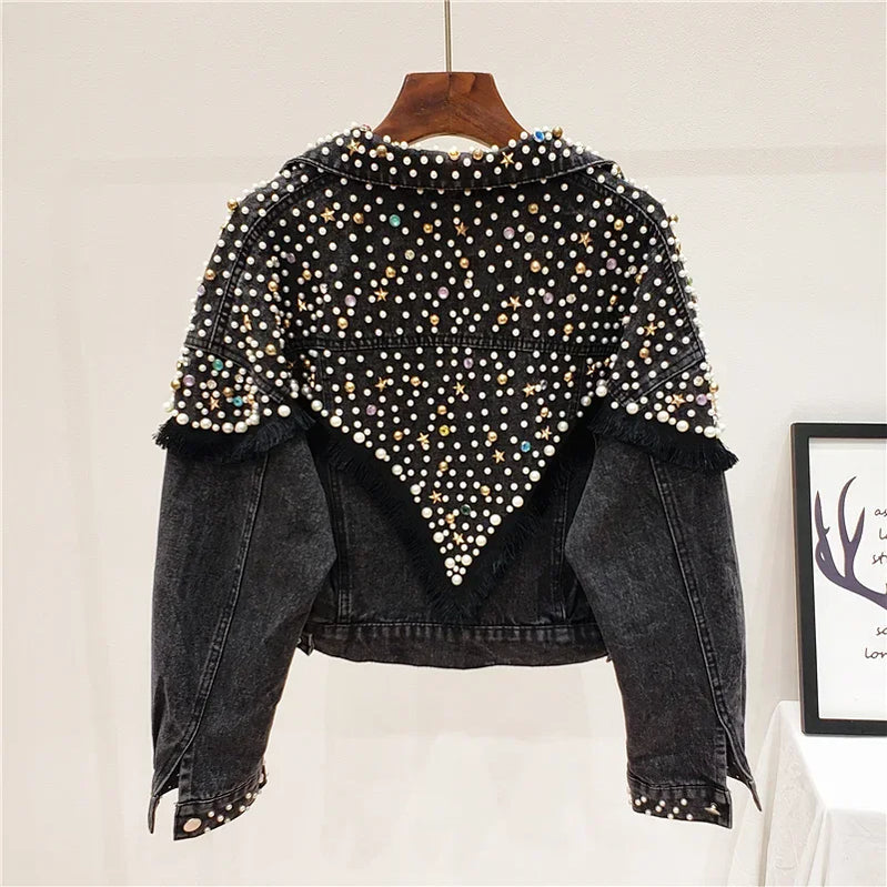 New Mujer Spring Autumn Streetwear Denim Jacket Women Hand-studded Pearls Punk Tassel Veste Femme Loose Short Jeans Coats black