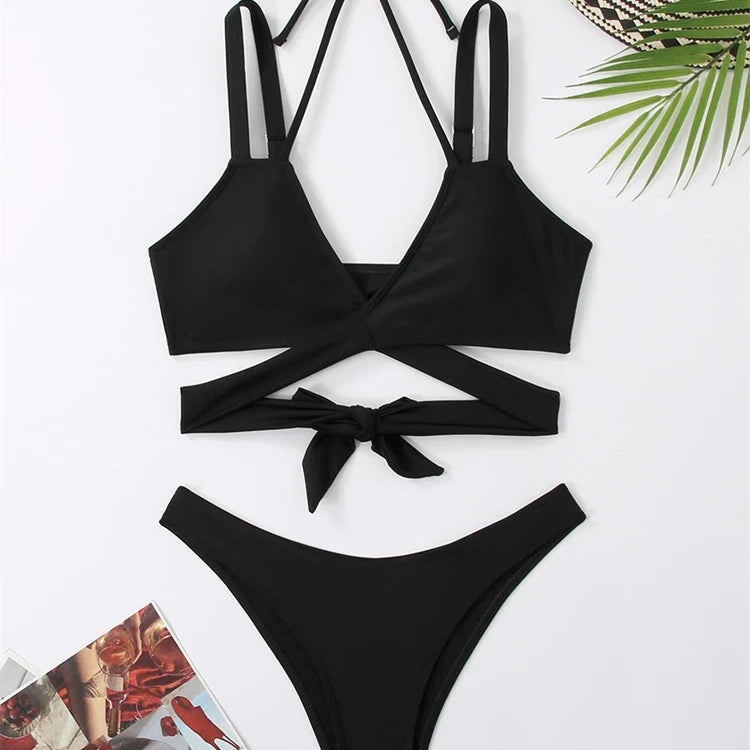 Bikini Women Swimsuit New Solid Sling Lace Up Bikinis Set Sexy Thong Swimwear Summer Two Piece Beach Bathing Suit Female black