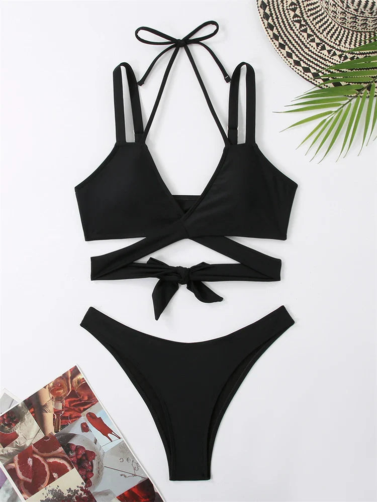 Bikini Women Swimsuit New Solid Sling Lace Up Bikinis Set Sexy Thong Swimwear Summer Two Piece Beach Bathing Suit Female black