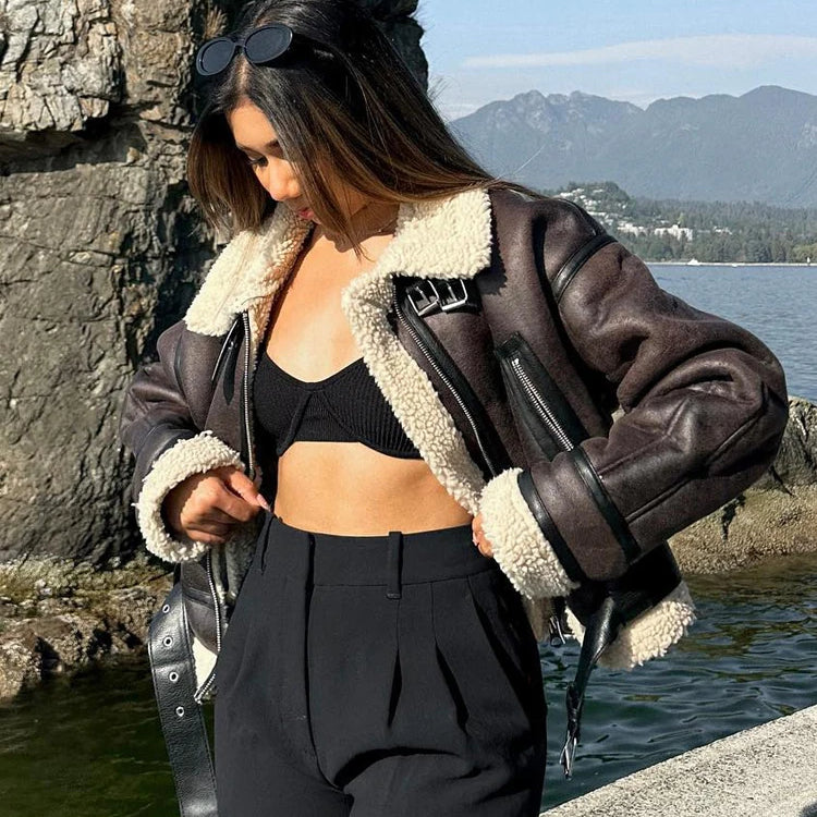 TRAFZA 2023 Women Fashion Thick Warm Lambs Wool Jacket Coat Vintage Long Sleeve Zipper Jackets Female Outerwear Chic Tops