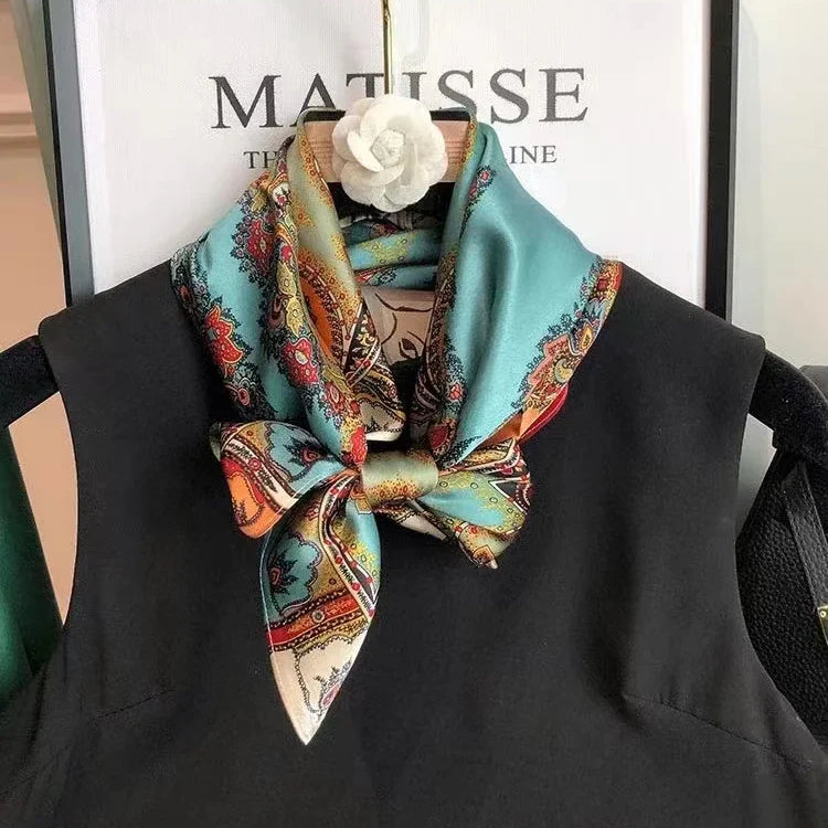 BYSIFA| New Grey Blue Silk Scarf Fashion Floral Design 70cm Square Scarves Fall Winter Neck Scarf Hijab Sweet Headband 65*65cm lake blue