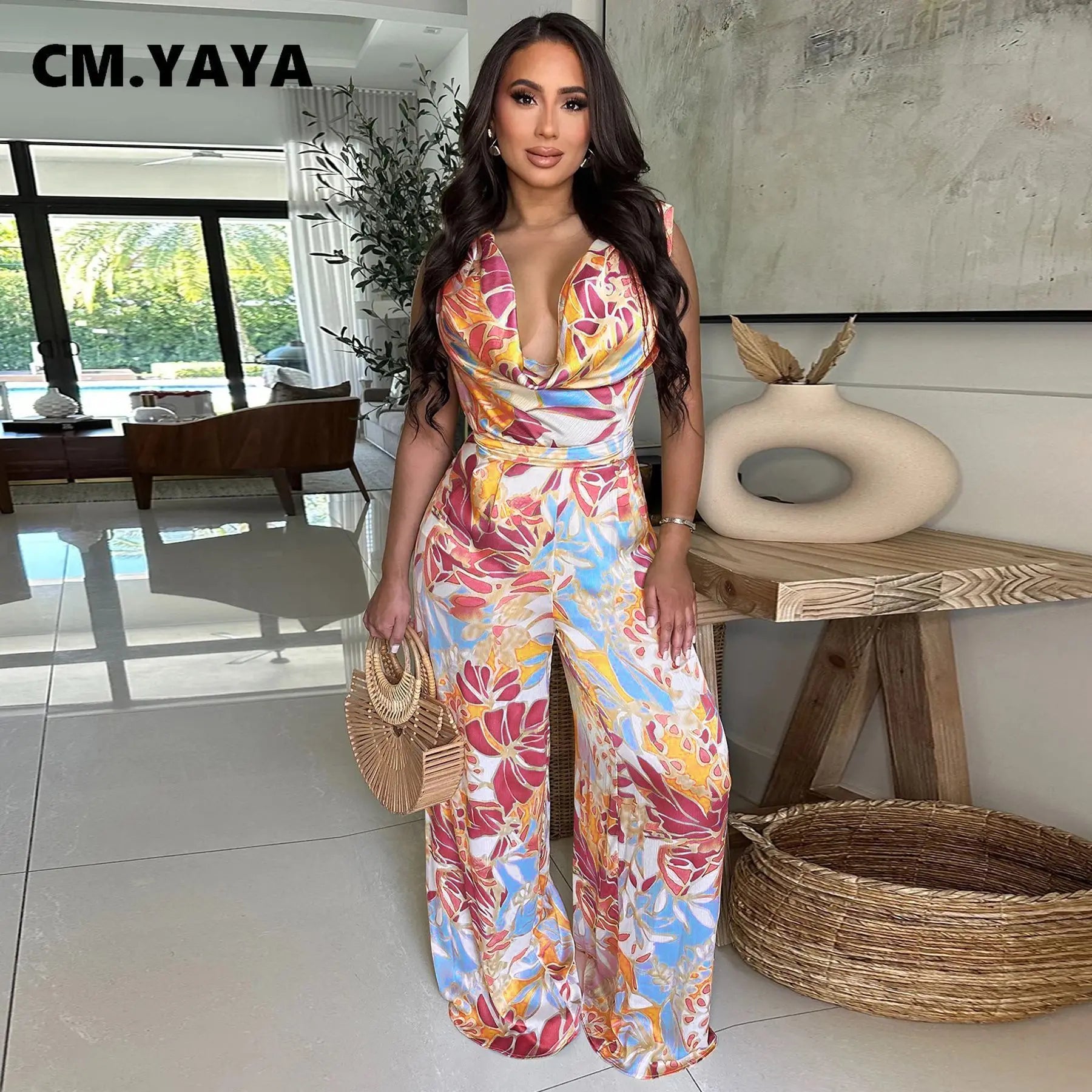 CM.YAYA Leaf Printed Women Wide Leg Pile Neck Sleeveless Satin Jumpsuits 2025 Summer Beach Club Playsuit One Piece Suit Romper