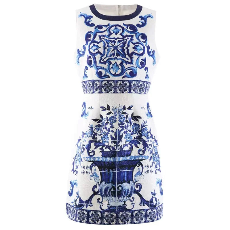 Runway Summer Short Dress Women's O-Neck Sleeveless Yellow Blue And White Porcelain Flower Print Holiday Tank Mini Vestidos