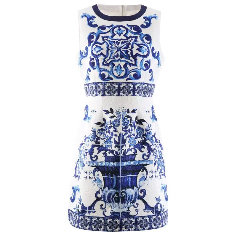 Runway Summer Short Dress Women's O-Neck Sleeveless Yellow Blue And White Porcelain Flower Print Holiday Tank Mini Vestidos