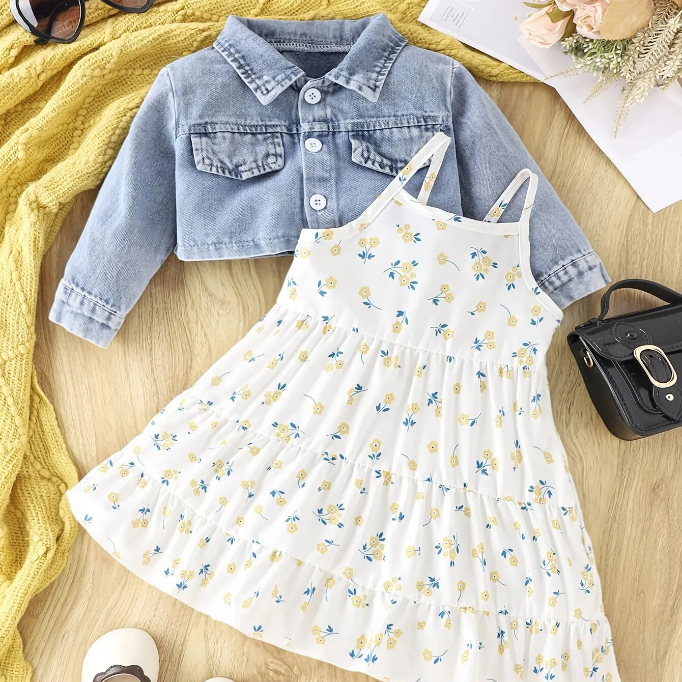 Baby Spring and Autumn Denim Coat Floral + Slip Skirt Two-piece Casual Female Newborn Street Fashion Suit Outdoor Vacation Wear Yellow flower