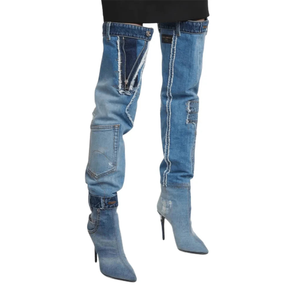 YJXKJY Women Worn Washed Cloth Over The Knee Boots Sexy Ladies Dilapidated Blue Denim Pocket Pointed Toe High Heels Party Shoes