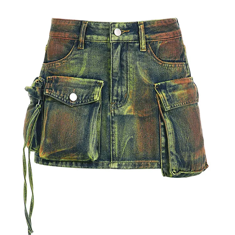 Faldas de mezclilla para mujeres Tie-dye verde irregular múltiples bolsillos múltiples Cargo mini falda de otoño moda