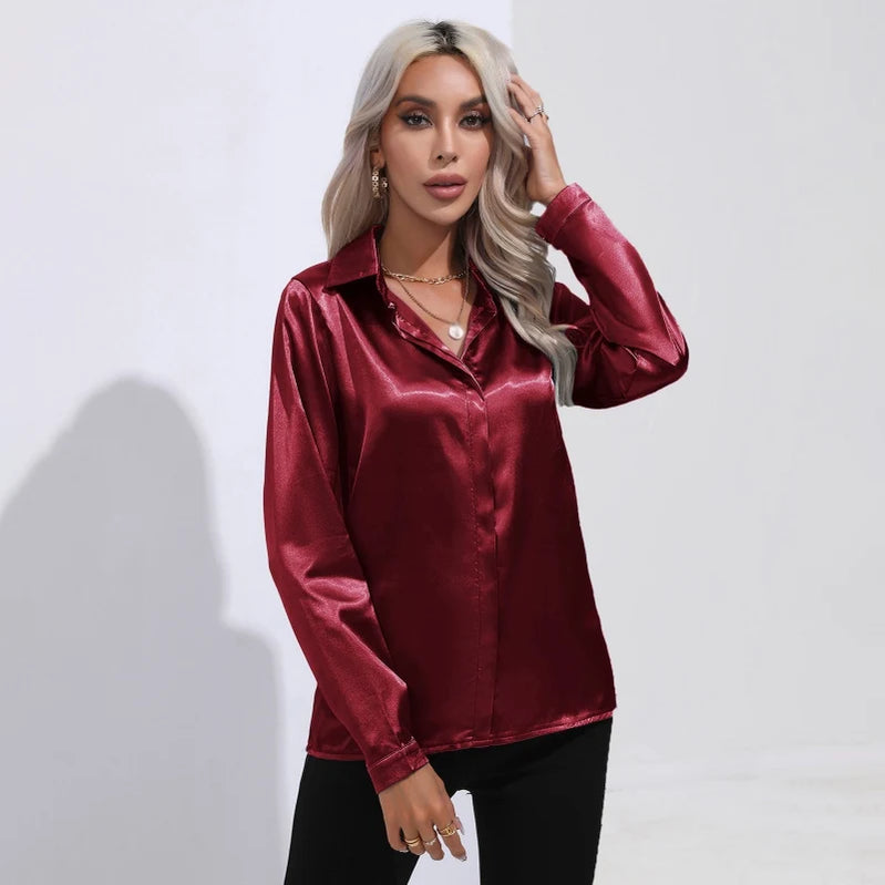 Spring Autumn Satin Shirt Women V Neck Long Sleeve Office Shirt Blouses Ladies Black White Silk Loose Shirts For Women JR