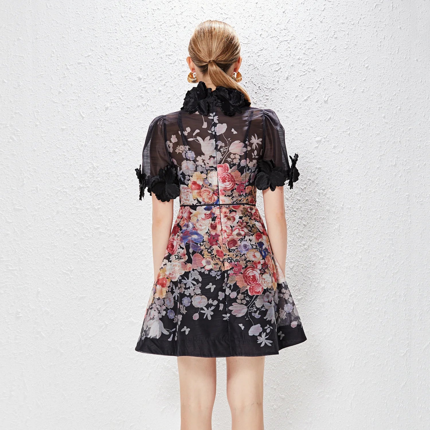 NEW Women Floral Mini Dress Spring Summer Printed Standing Collar Short Sleeve Vestido Ladies Holiday Party Vintage Dresses